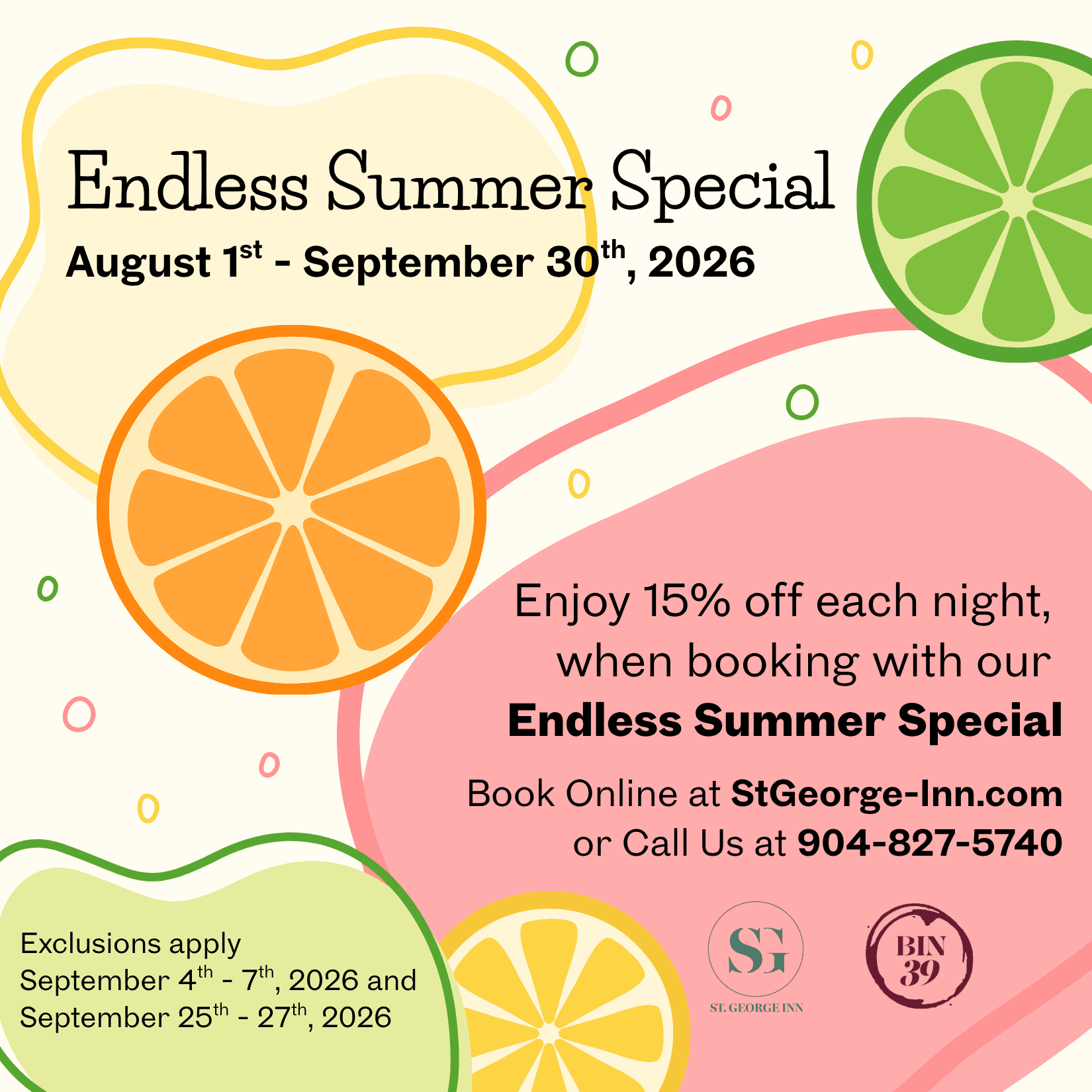 Promotional graphic for St. George Inn's "Endless Summer Special" offering 15% off nightly bookings from August 1 to September 30, 2026.